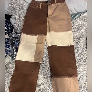 Brown and cream Hollister color block high-rise mom jeans